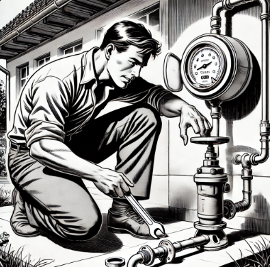 A man contemplating his gas meter touching a valve and holding a wrench