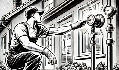 A man points to the gas meter on the wall of a house