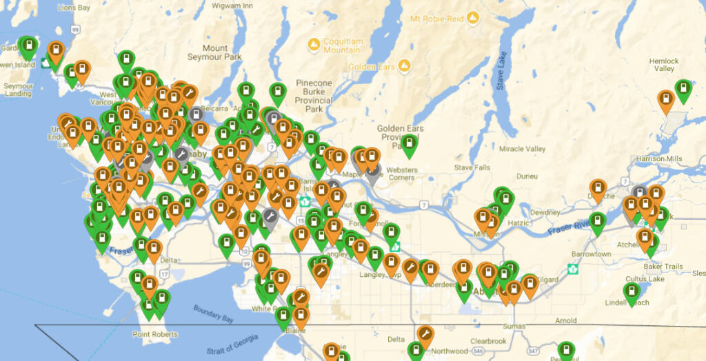 Map of EV chargers in South West British Columbia from PlugShare